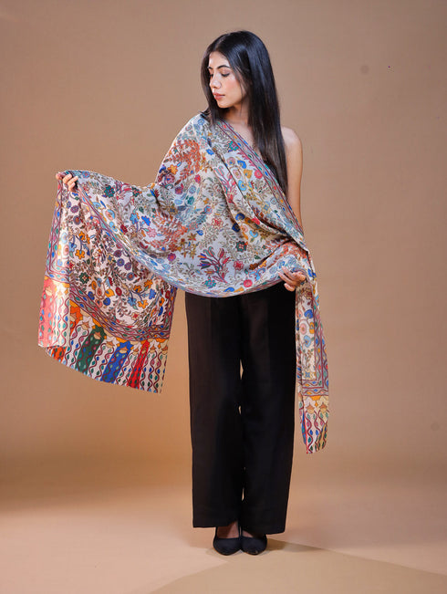 Women's Pure Wool Faux Pashmina Kalamkari Printed Embroidery Stole